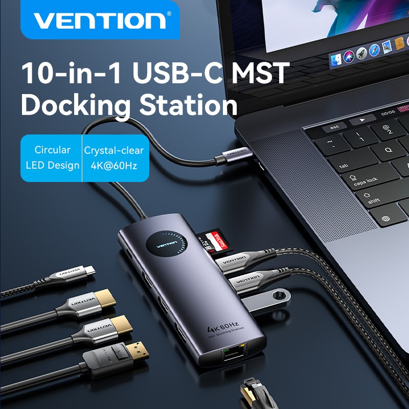 Vention MST HUB 4K 60Hz 5Gbps Cổng Type C Sang HDMI DP USB 3.0 RJ45 100W PD TF Bằng Hợp Kim Nhôm