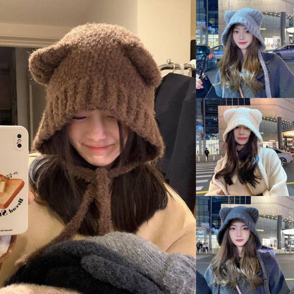 Beanie mũ len đan dễ thương gấu tai ấm Hàn Quốc phong cách mùa đông thời trang cho phụ nữ