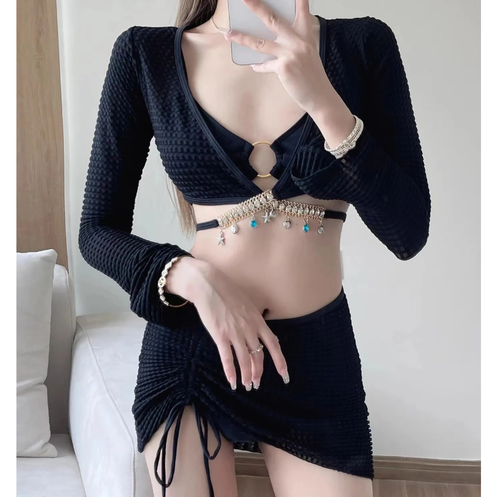 Bộ Đồ Bơi bikini Bốn Mảnh Áo Tay Dài + Chân Váy Ngắn Xẻ Tà Màu Trơn Quyến Rũ Cho Nữ | BigBuy360 - bigbuy360.vn