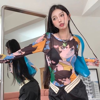 Áo Croptop Tay Dài Cổ Tròn In Họa Tiết Hoạt Hình Thời Trang Cho Nữ