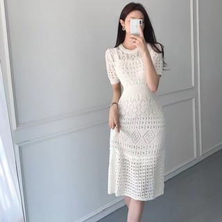 Đầm maxi Dệt Kim Tay Ngắn Cổ Tròn Phong Cách Hàn Quốc Thời Trang Mùa Hè Xinh Xắn Cho Nữ Mới