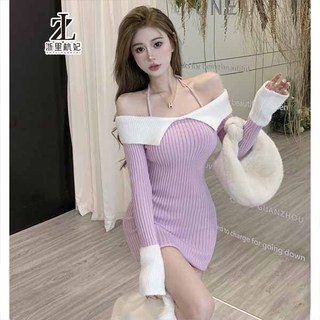 ZHELIHANGFEI Đầm Dệt Kim Trễ Vai Phong Cách Thời Trang Pháp Quyến Rũ Cho Nữ