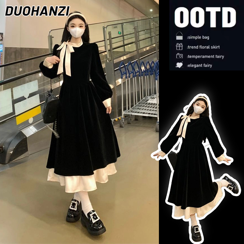 DUOHANZI Đầm Dáng Dài Cổ Đứng Thắt Nơ Cỡ Lớn Thời Trang Thu Đông Cho Nữ