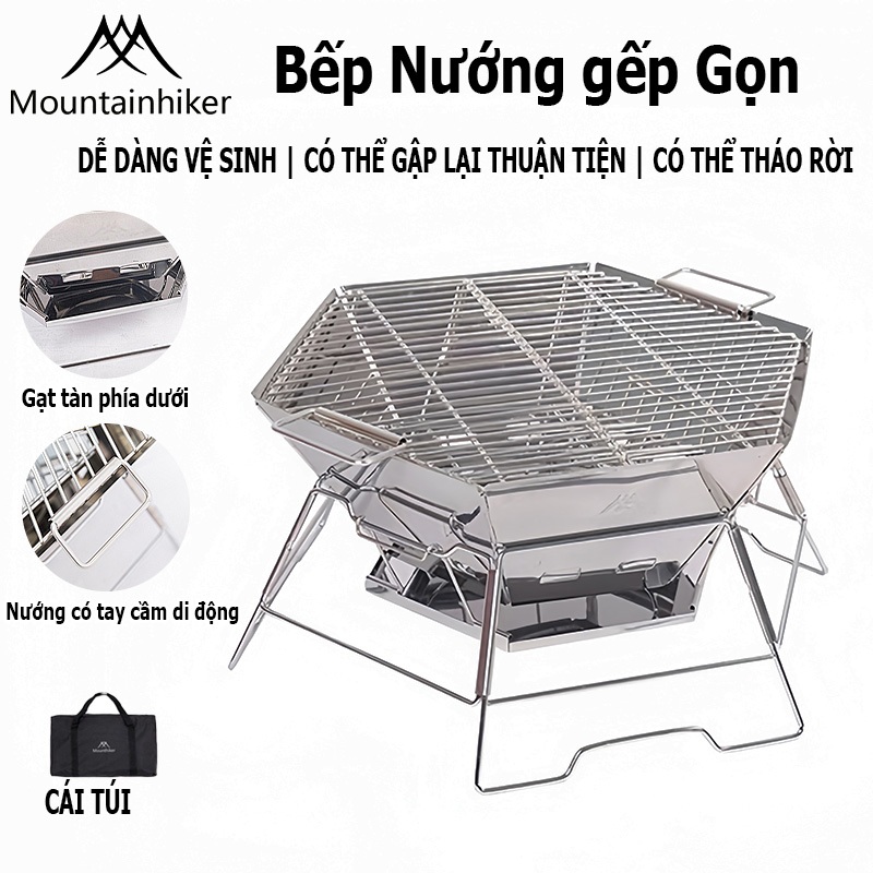 Bếp nướng BBQ không khói,mountainhiker,Bếp than nướng xếp ,Bếp nướng than hoa inox 304, Cho Bếp Nướng Camping 6 Đến 8 Người SZK180