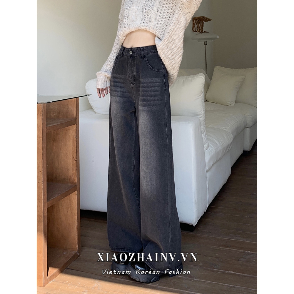 Xiaozhainv Quần Jean Lưng Cao Ống Rộng Màu Đen Phong Cách Retro Mỹ Thời Trang Cho Nữ