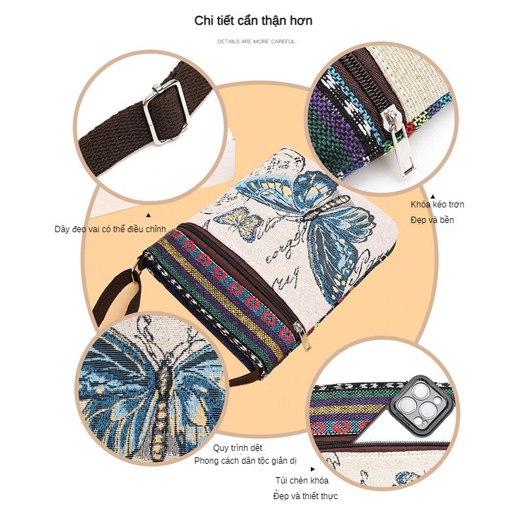 Túi Vải canvas Đeo Chéo Thêu Họa Tiết Phong Cách Trung Hoa Dễ Thương Dành Cho Nữ