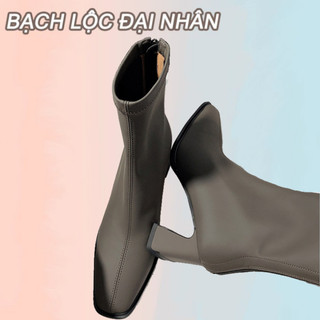 BẠCH LỘC ĐẠI NHÂN✨ Giày Bốt Mũi Vuông Gót Dày Phối Khóa Kéo Sau Phong Cách Hàn Quốc Thời Trang Cho Nữ