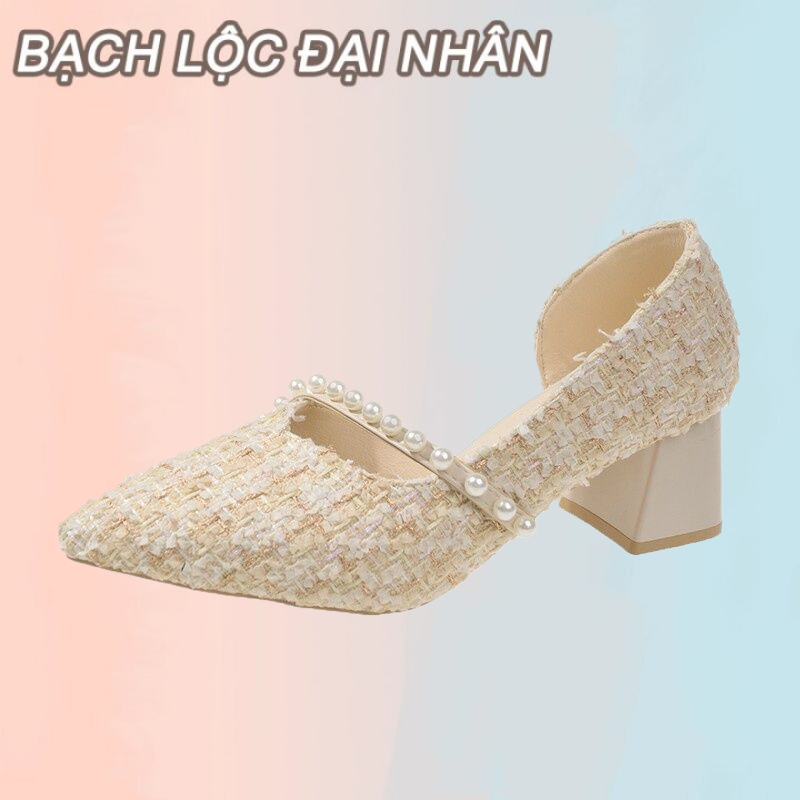 BẠCH LỘC ĐẠI NHÂN✨Giày cao gót mũi nhọn miệng nông đính ngọc trai giả kiểu Hàn Quốc thời trang cho nữ
