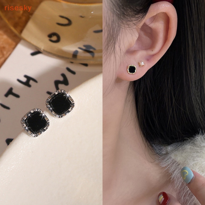 🌷🌷Bông Tai Mạ Bạc Hình Vuông Nhỏ Màu Đen Thanh Lịch Cao Cấp Dành Cho Nữ(yimi.vn)