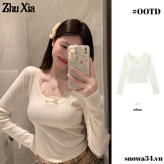 Zhu Xia Áo Thun Dài Tay Cổ Tròn Phối Ren Phong Cách Hàn Quốc Mới Cho Nữ