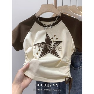 Cocorygirl Áo Thun Tay Ngắn Rút Dây Eo Màu Sắc Tương Phản Phong Cách Retro Mỹ Cho Nữ