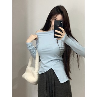 NZN Áo thun dài tay lệch vai phong cách Hàn Quốc mùa xuân có đường viền cổ thẳng