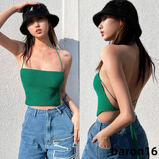 Áo croptop dệt kim màu trơn hở lưng cột dây gợi cảm thời trang cho nữ