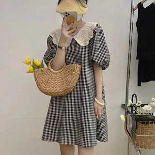 Đầm Chữ A Tay Ngắn Phồng Họa Tiết Sọc Caro Phong Cách Phương Tây Size S-3XL