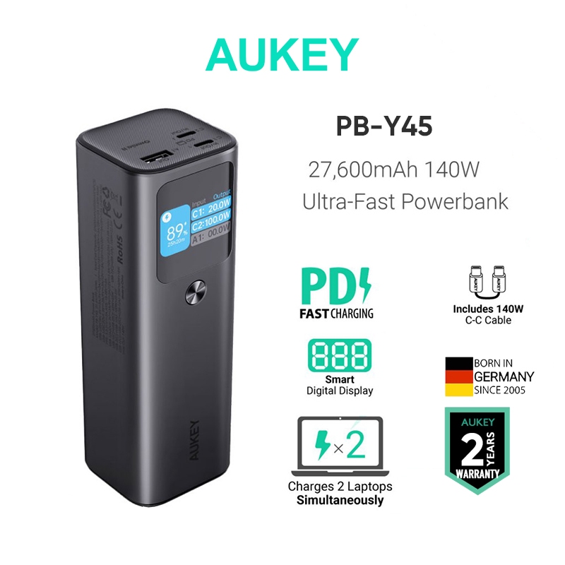 Pin Sạc Dự Phòng Thông Minh aukey pb-y45 27600mah 140w Màn Hình Kỹ Thuật Số Siêu Mỏng