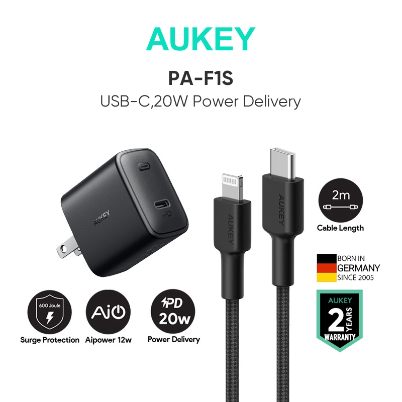 Bộ Củ Sạc Nhanh Aukey Pa - F1S 20W Usb C Trợ Cục Sạc - Cục Kèm Dây Type C Mfi Iphone 14 13 12Promax 11 Xr Xs 8 Plus