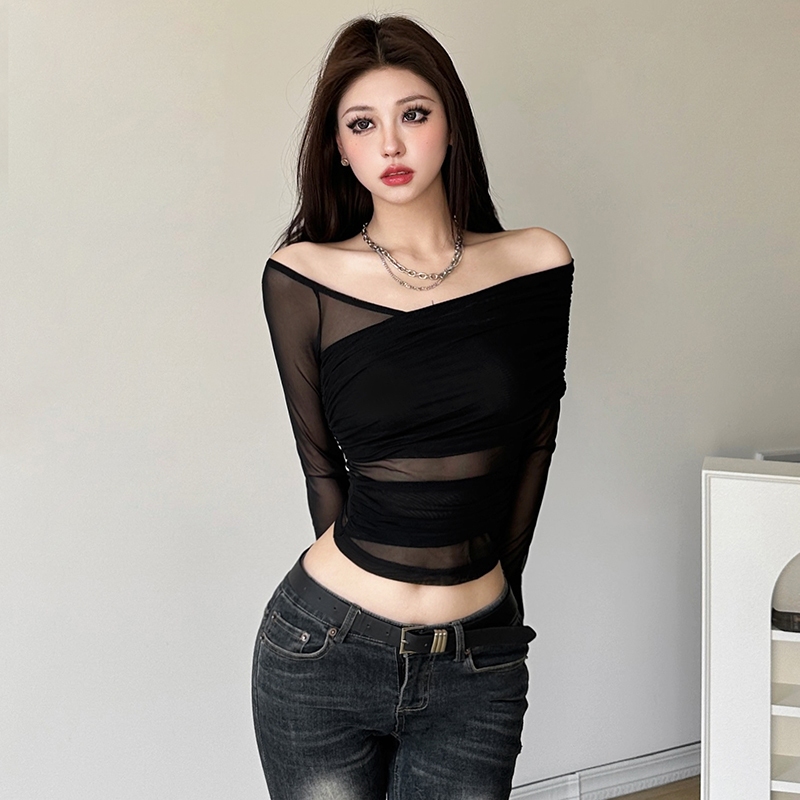 Áo croptop KLALIEN trễ vai tay dài màu trơn quyến rũ dành cho nữ | BigBuy360 - bigbuy360.vn
