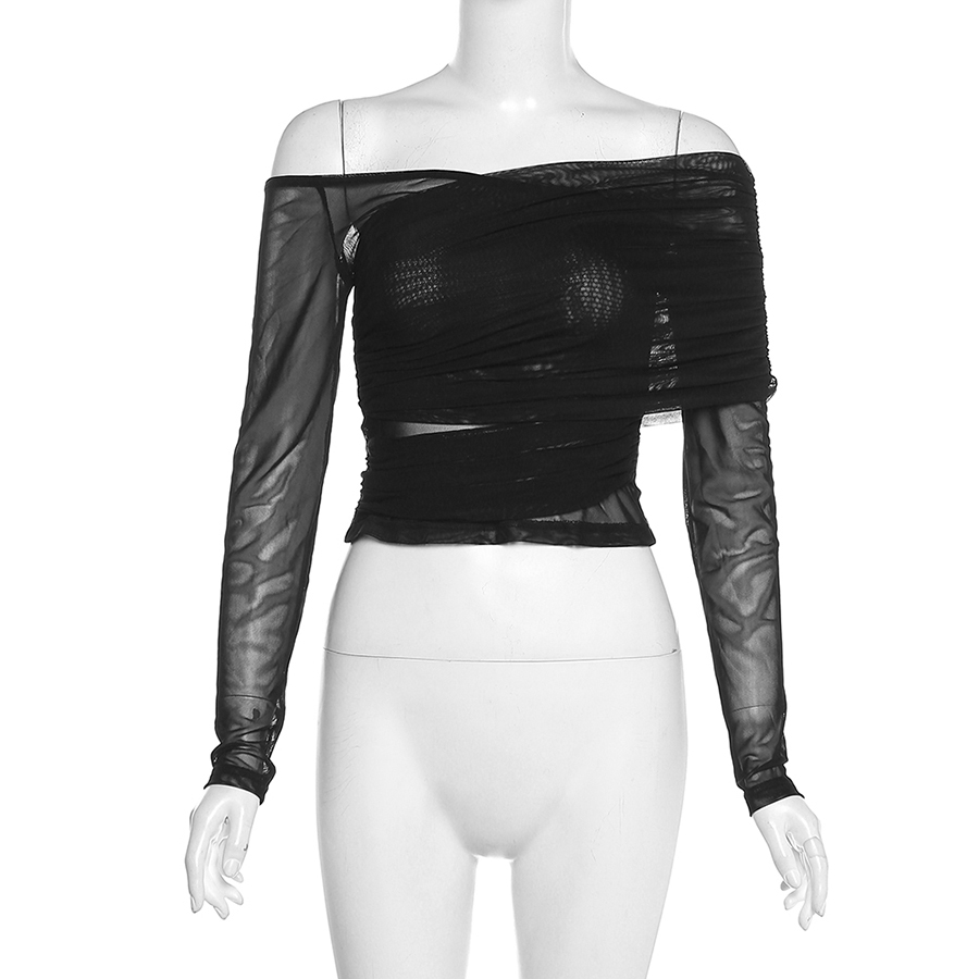 Áo croptop KLALIEN trễ vai tay dài màu trơn quyến rũ dành cho nữ | BigBuy360 - bigbuy360.vn