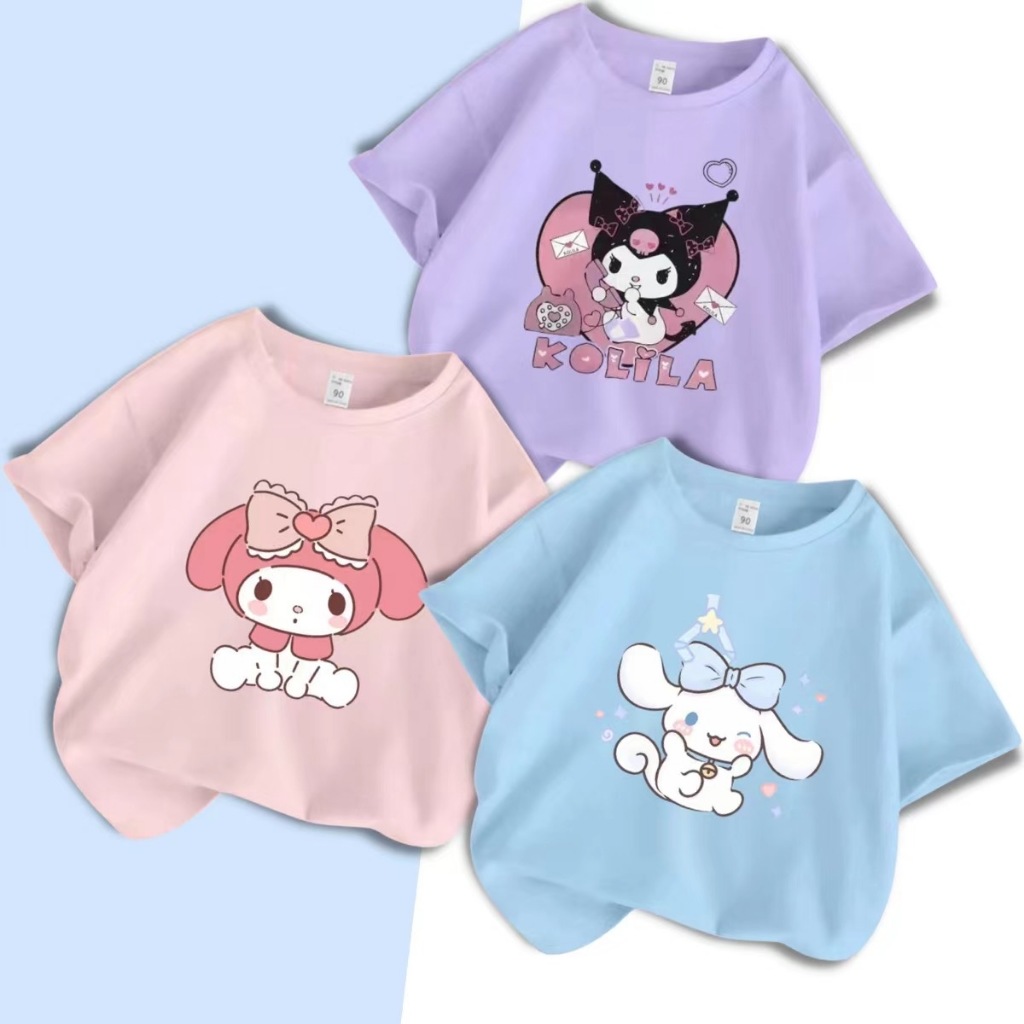 Áo Thun Cotton Cổ Tròn Màu Hồng / Xanh Dương Dễ Thương Cho Bé Gái 1-9 Tuổi