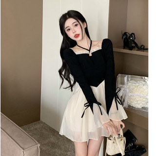 NZN Phong cách Hàn Quốc thời trang gợi cảm dành cho nữ chắp vá váy mini eo cao váy dài tay kiểu chữ A
