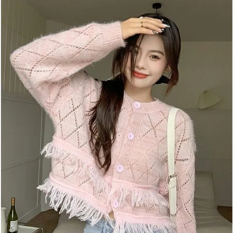 IELGY Áo Khoác cardigan Dệt Kim Tay Dài Phối Tua Rua Thời Trang Cho Nữ