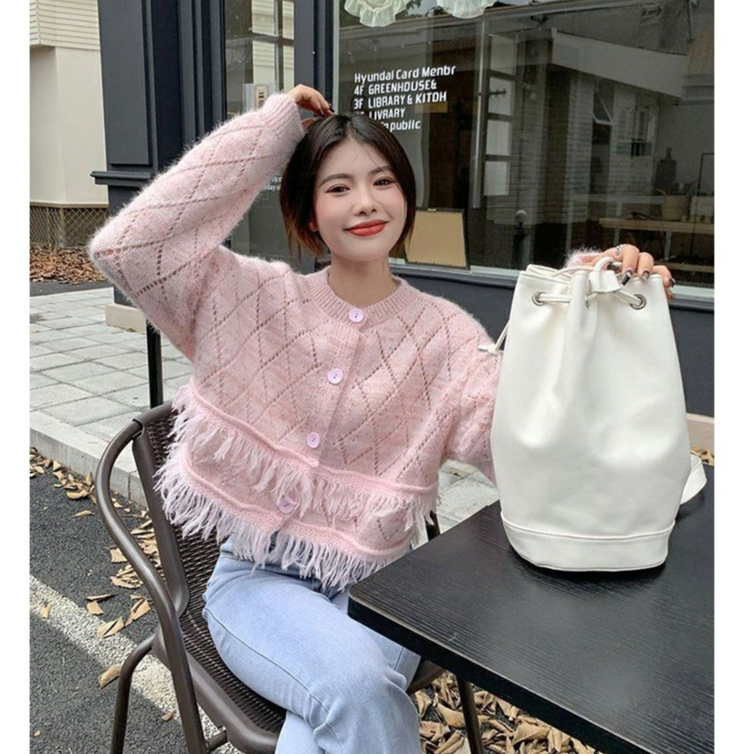 IELGY Áo Khoác cardigan Dệt Kim Tay Dài Phối Tua Rua Thời Trang Cho Nữ