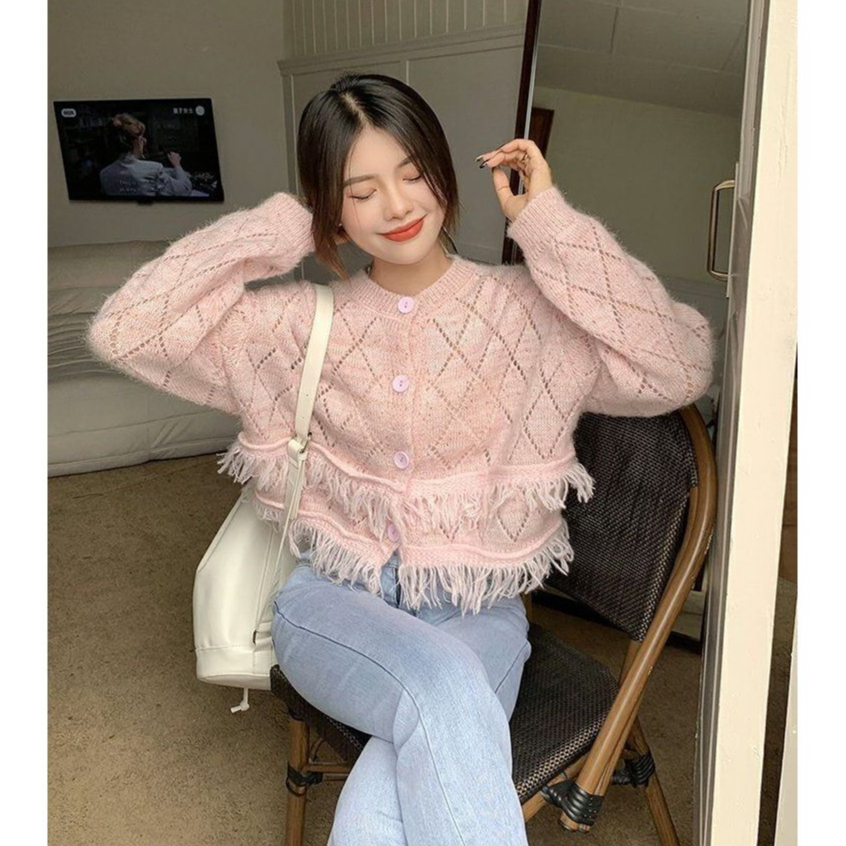 IELGY Áo Khoác cardigan Dệt Kim Tay Dài Phối Tua Rua Thời Trang Cho Nữ