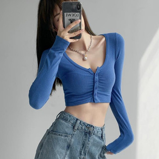 [Xiao] Hot Girl Gợi Cảm Crop Ngắn Tay Áo Thun Nữ Xuân Thu Mặc Klein Xanh Skinny Cardigan Cổ Chữ u Dệt Kim Áo Ngắn