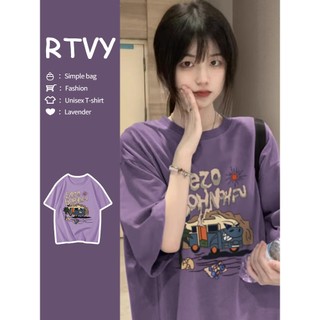 「RTVY」Áo Thun Nữ Ngắn Tay Cổ Tròn Dáng Rộng Vải cotton Màu Tím Thời Trang Mùa Hè