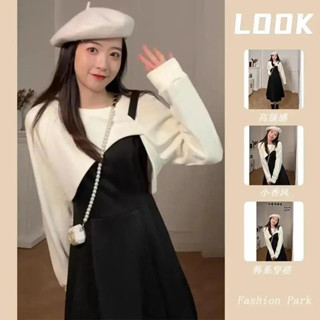 Set váy đầm 2 dây áo chống nắng set nữ váy chân váy dài set váy nữ Bộ Áo Sweater Hai Dây + Đầm Ngắn Cỡ Lớn Thời Trang Mùa Đông Cho Nữ Set Đầm Hai Dây Mỏng Phối Áo Khoác Thời Trang Xuân Trẻ Trung