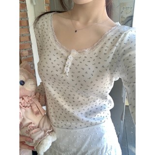 NZN Áo thun dài tay viền ren cổ tròn hoa cổ tròn Hàn Quốc