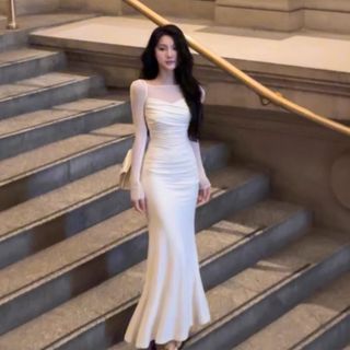 Đầm Đuôi Cá Dáng Dài Phối Lưới Màu Trắng Phong Cách Pháp Thời Trang Thu Đông Xinh Xắn Cho Nữ