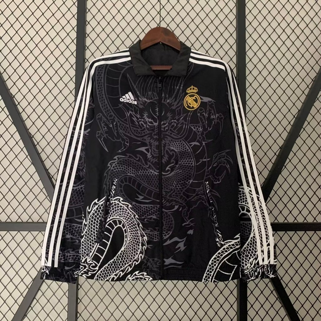 2024 25 Real Madrid Nam Rồng Đen Áo Gió Hai Mặt Áo Khoác Bóng Đá Tracksuit Zip Áo Khoác Dài Tay Huấn