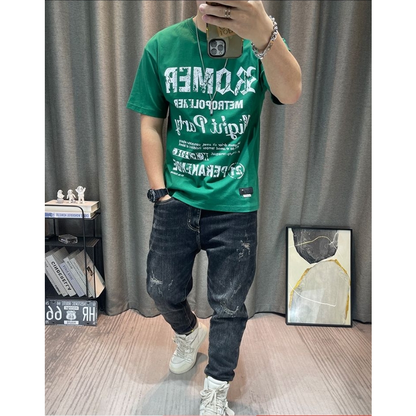 Áo Thun Cotton Lanh Cổ Tròn Tay Ngắn Dáng Rộng In Họa Tiết Thời Trang Mùa Hè Mới Cho Nam