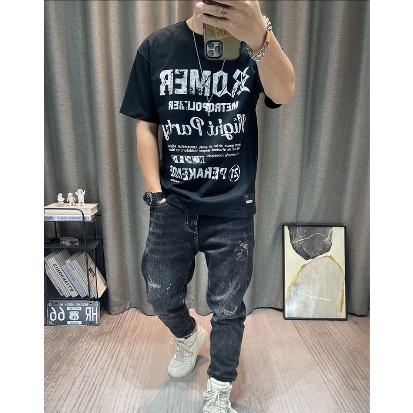 Áo Thun Cotton Lanh Cổ Tròn Tay Ngắn Dáng Rộng In Họa Tiết Thời Trang Mùa Hè Mới Cho Nam