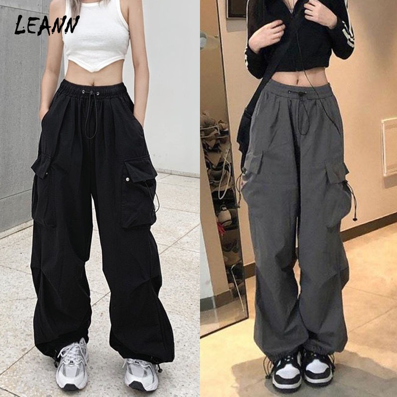 Quần Túi Hộp Lưng Cao Ống Rộng Cargo pants Eo Chun Dây Rút Thời Trang Cá Tính Phong Cách Thể Thao Y2K Cho Nữ