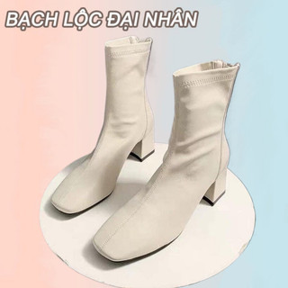 Bạch lộc đại nhân✨bốt nữ metan giày bốt da nhăn đế trụ phong cách trẻ trung
