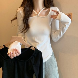 NZN Áo thun crop top trắng phong cách Hàn Quốc đơn giản màu trơn thon gọn cổ áo thun dài tay