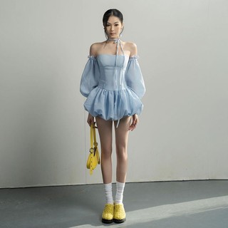 Đầm Nữ Cúp Ngực Tay Dài Chiết Eo Dáng Bí Ngắn Phong Cách Ballet Sang Trọng Tinh Khiết