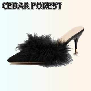 SHANMUSENLIN✨ (7cm) Dép Muller Cao Gót Mũi Nhọn Phối Lông Mỏng Thời Trang Sandal Cao Gót Mũi Nhọn Phối Lông Thời Trang Pháp Mới Cho Nữ