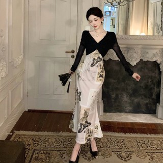 Đầm Dự Tiệc Dáng Dài Ôm Eo Cổ Phẳng Tay Dài In Họa Tiết Bướm Kiểu Retro Pháp Xinh Xắn Cho Bạn Gái