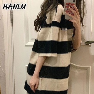 HANLU Áo Thun Tay Ngắn Cổ Tròn Dáng Rộng Họa Tiết Kẻ Sọc Thời Trang Cho Nữ