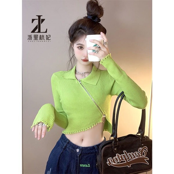 ZHELIHANGFEI Áo Sweater Tay Dài Cổ POLO Eo Cao Thiết Kế Quyến Rũ Cho Nữ