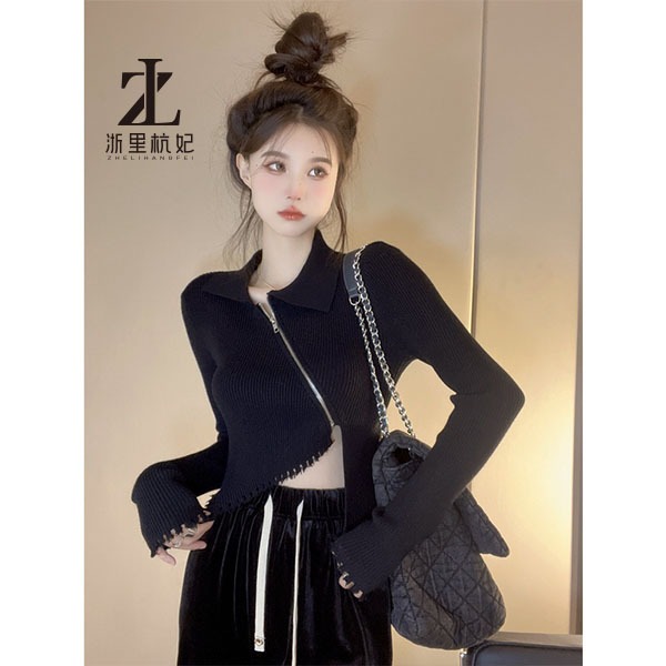 ZHELIHANGFEI Áo Sweater Tay Dài Cổ POLO Eo Cao Thiết Kế Quyến Rũ Cho Nữ