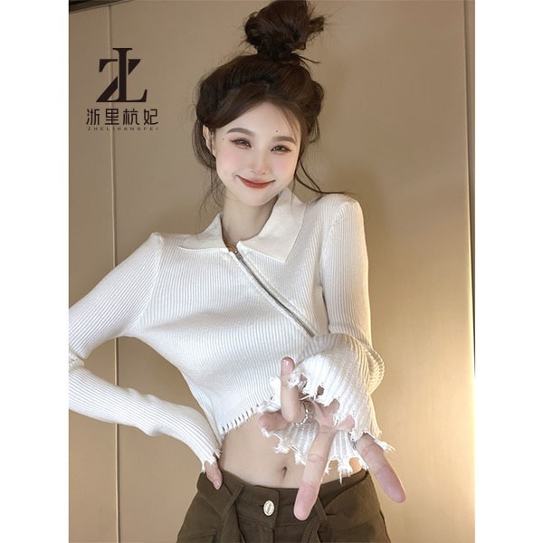 ZHELIHANGFEI Áo Sweater Tay Dài Cổ POLO Eo Cao Thiết Kế Quyến Rũ Cho Nữ