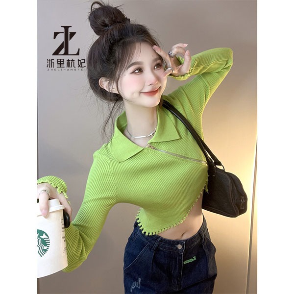 ZHELIHANGFEI Áo Sweater Tay Dài Cổ POLO Eo Cao Thiết Kế Quyến Rũ Cho Nữ