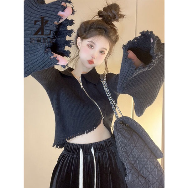 ZHELIHANGFEI Áo Sweater Tay Dài Cổ POLO Eo Cao Thiết Kế Quyến Rũ Cho Nữ