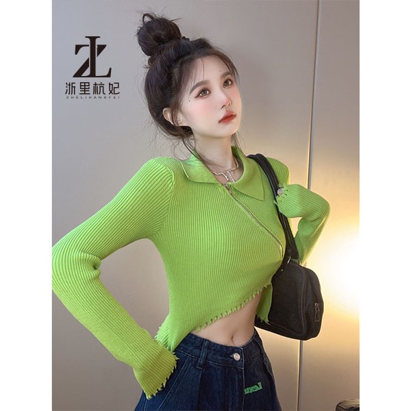 ZHELIHANGFEI Áo Sweater Tay Dài Cổ POLO Eo Cao Thiết Kế Quyến Rũ Cho Nữ