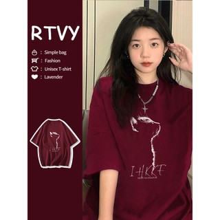 「RTVY」Áo Thun Nữ Tay Ngắn Cổ Tròn Dáng Rộng In Hình Mèo Màu Đỏ Rượu Thời Trang Mùa Hè