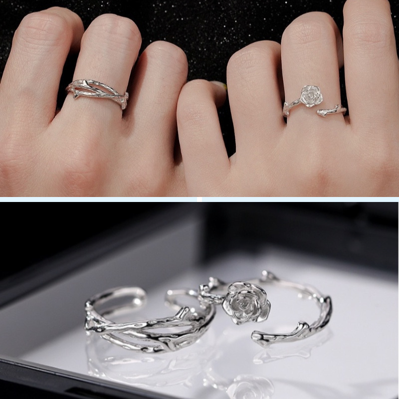 🍓Raspberry🍓 Set 2 Nhẫn hở hình hoa hồng màu bạc thanh lịch cho cặp đôi